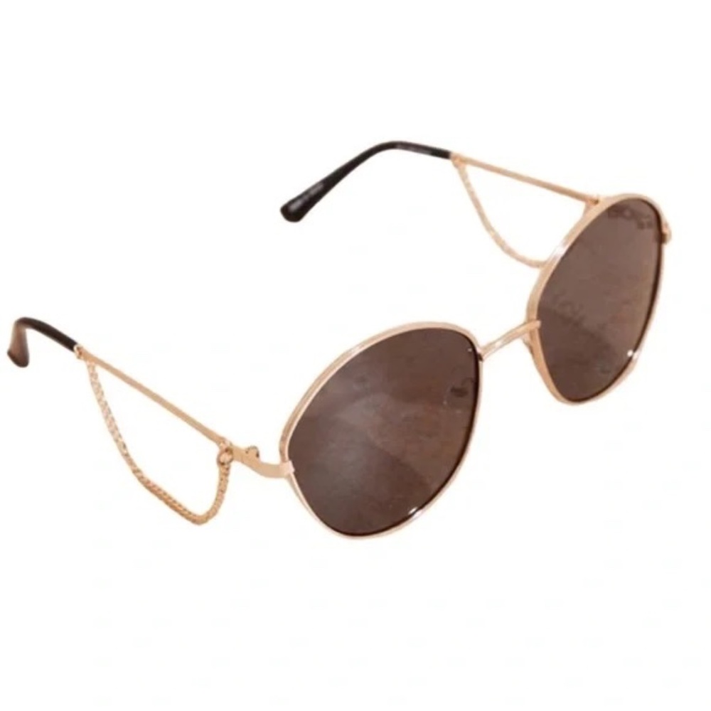 1194 NWT PrettyLittleThing Round Frame Sunglasses Dangle Chain – One Size – Gold - Picture 2 of 9